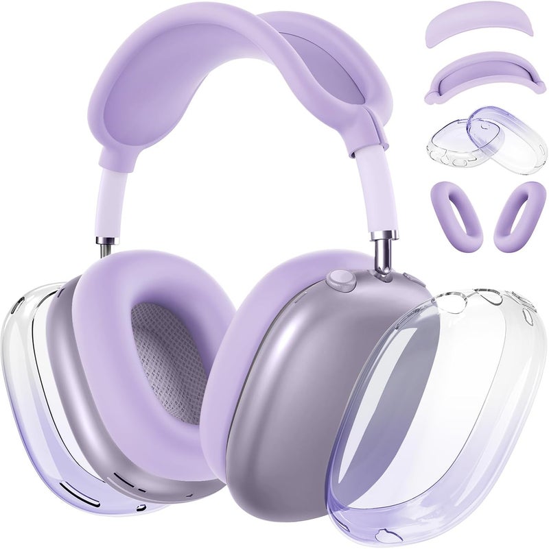 MINDRESY [4 in 1] Silicone Case Cover for AirPods Max, Clear Gradient Soft TPU Ear Cups Cover/Ear Pad Case Cover/Headband Cover Transparent Accessories for Apple AirPods Max (2024/2020)(USB-C/Lightning),Purple - Image 1